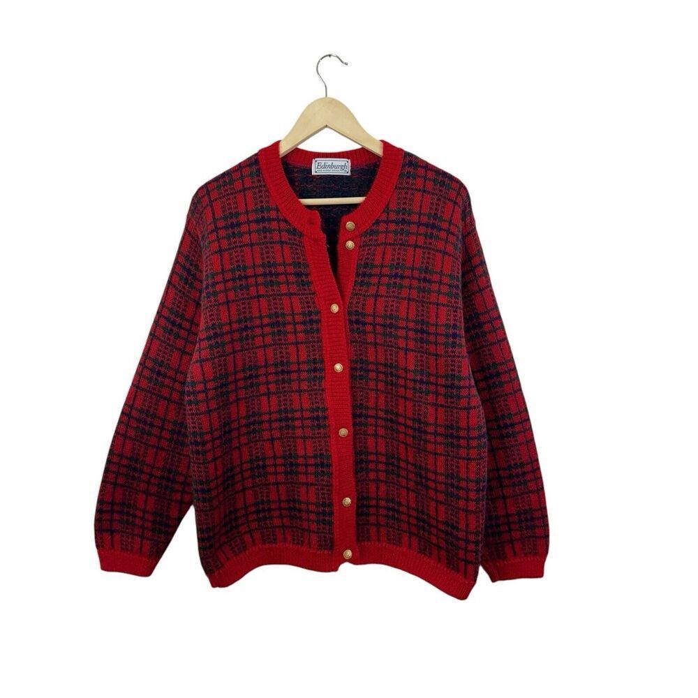 Vintage Edinburgh Large Cardigan Sweater Plaid Great Britain Mohair Womens